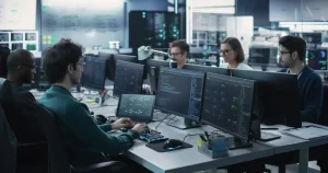 556309-0-55620800-1746596118-shutterstock_2287185545 - Informática Lisboa - Informática Lisboa Team of engineers coding at desks with multiple monitors in a server room by dim blue lighting in the background.